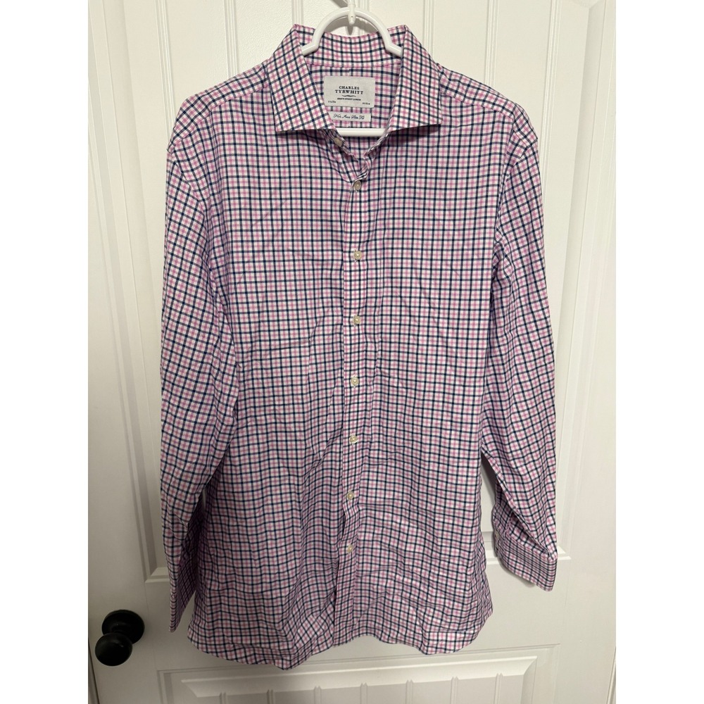 Charles Tyrwhitt Dress Shirt Mens 17.5/35 Non-Iron Slim Fit Pink Check EUC